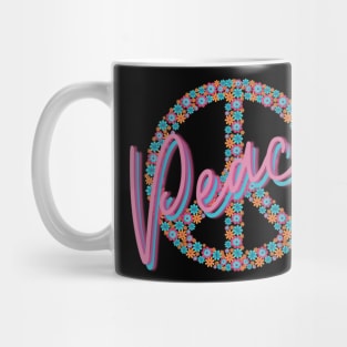 Peace Sign Word Art Flowers Pink Teal Hippie Retro Vintage Mug